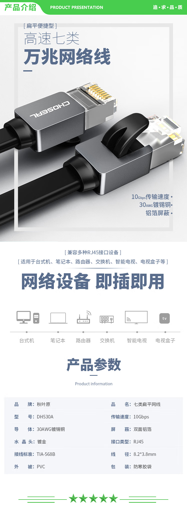 秋叶原 CHOSEAL DH530AT5 七类万兆网线高速网络跳线CAT7电脑网络成品线网络连接线黑色5米 2.jpg