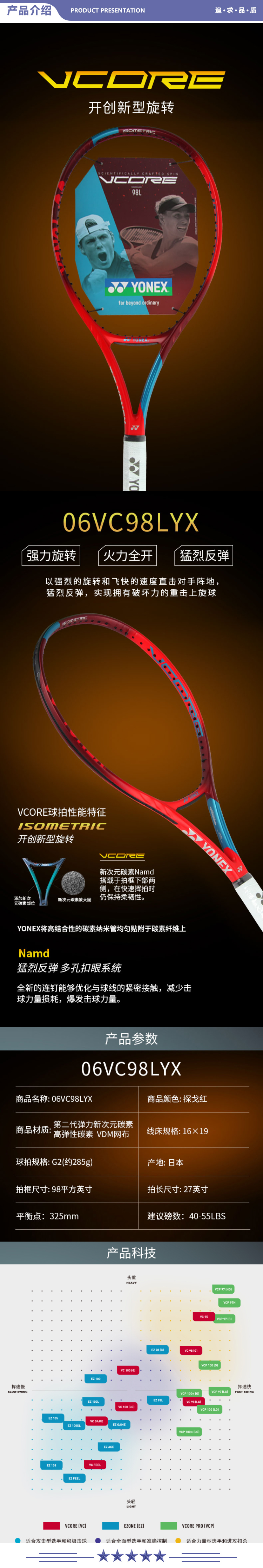 尤尼克斯 VC98LYX 网球拍高弹性碳素专业比赛6代VCORE旋转探戈红轻量285g附网球网线头带 2.jpg