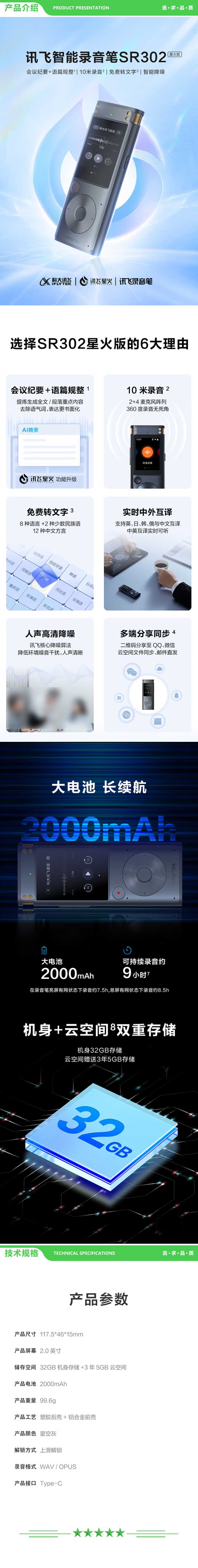 科大讯飞 iFLYTEK SR302T星火版 智能录音笔 32G内存 录音转文字 实时翻译转写免费转写 2.jpg