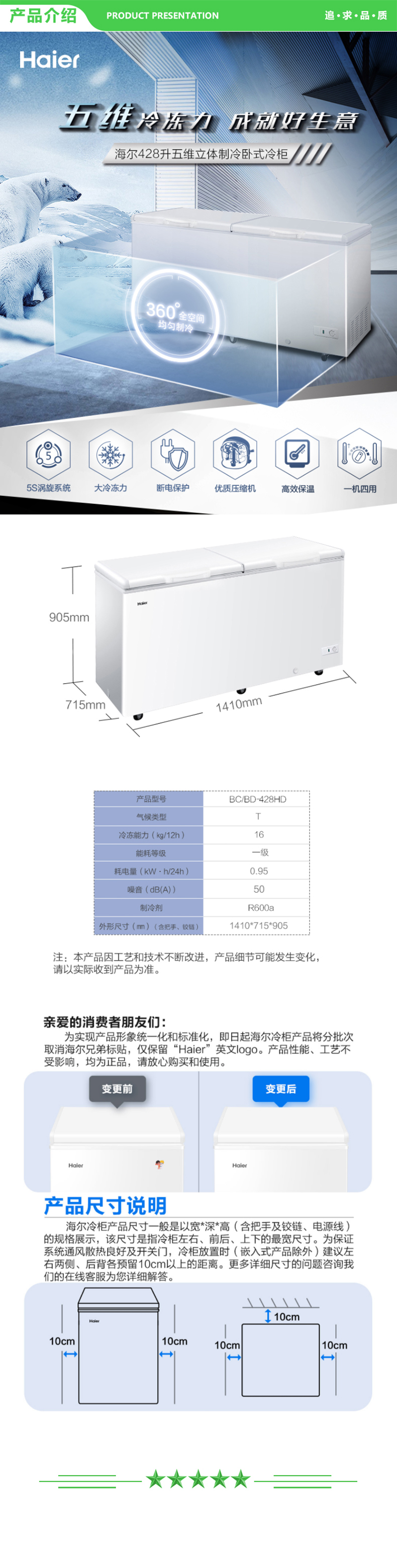 海尔 Haier BC BD-428HD  428升卧式五面制冷商用大冷冻冰柜 冷藏冷冻转换冰箱大冷柜 .jpg