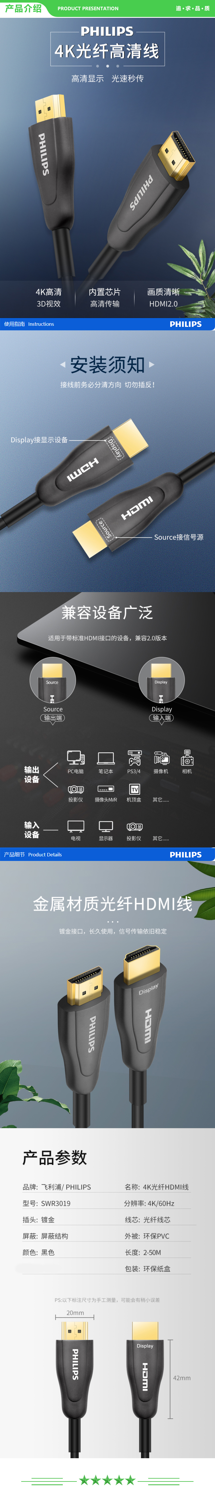 飞利浦 PHILIPS SWR3019W 93-20 光纤HDMI线2.0版 4K发烧级高清线 连接线 20米 .jpg