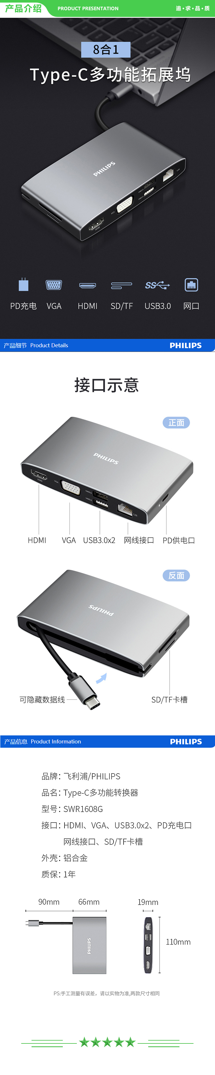 飞利浦 PHILIPS SWR1608G Type-c扩展坞 USB-C转HDMI VGA转换器千兆网卡网线口转接头分线器 .jpg