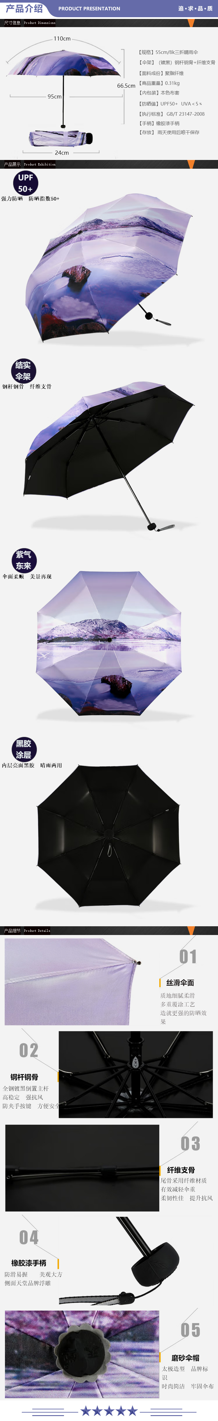 天堂伞 紫气东来 全遮光黑胶转印55cmx8骨三折太阳伞晴雨伞 2.jpg