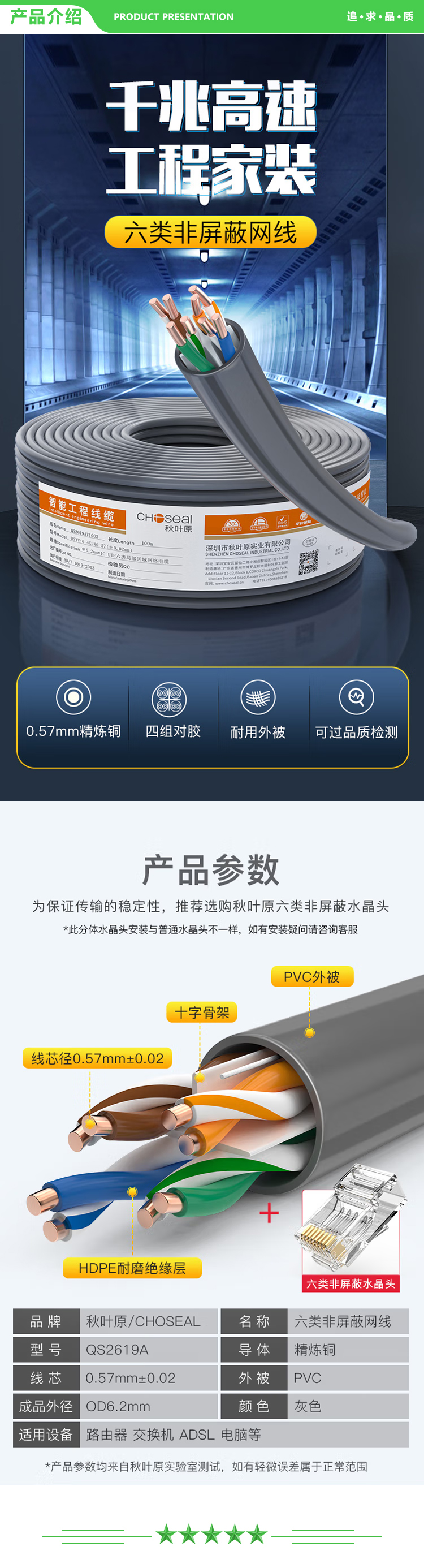 秋叶原 CHOSEAL QS2619AT100S 六类千兆网线【0.57±0.02mm】CAT6类纯铜线芯 非屏蔽工程家装监控布线箱线100米  2.jpg