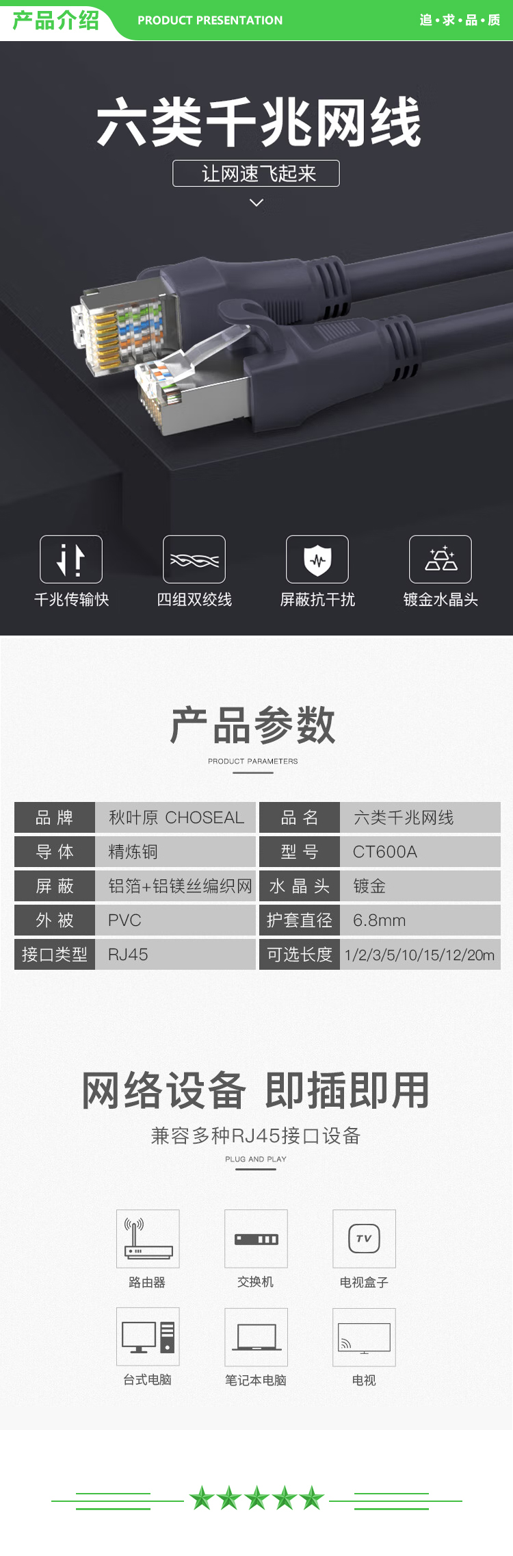 秋叶原 CHOSEAL CT600A 六类千兆网线 Cat6六类屏蔽8芯双绞线 工程家用电脑监控跳线成品网线 灰色 1.5米 2.jpg