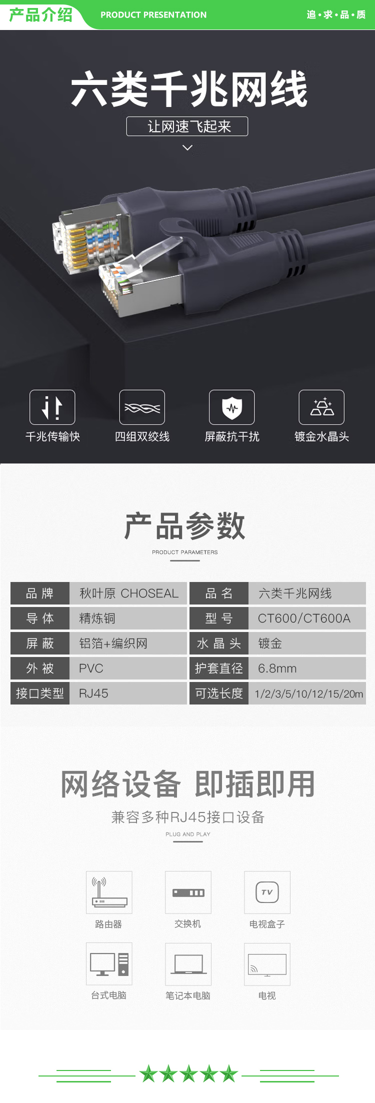 秋叶原 CHOSEAL CT600A 六类千兆网线 Cat6六类屏蔽8芯双绞线 工程家用电脑宽带监控跳线成品网线 灰色 5米 2.jpg