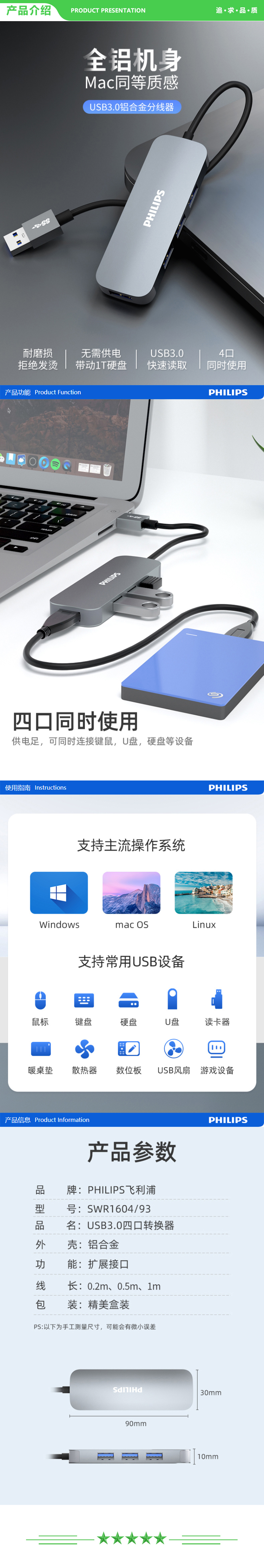 飞利浦 PHILIPS SWR1604 USB3.0分线器 高速4口拓展坞 HUB集线器 USB扩展坞 转接头延长线 0.2米 .jpg