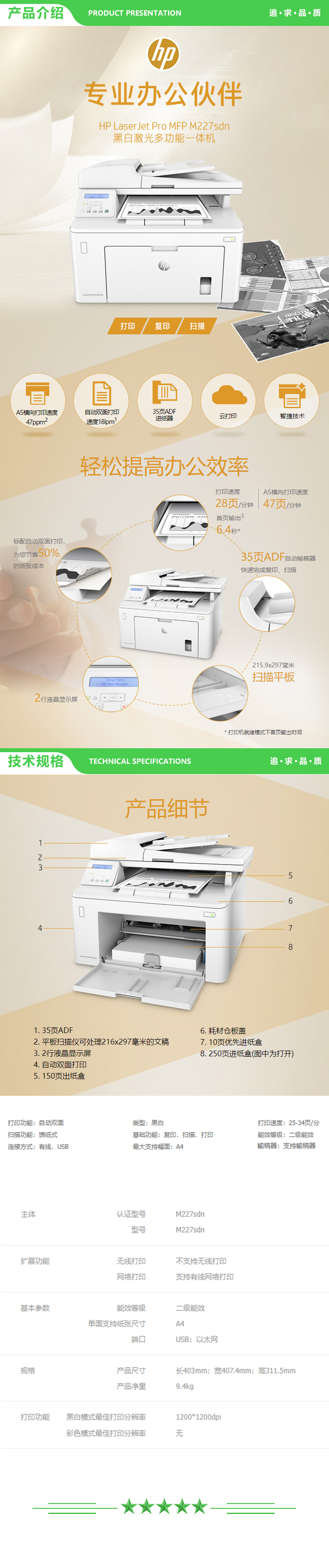 惠普 HP LaserJet Pro MFP M227sdn A4黑白多功能一体机 28页（复印+打印+扫描+输稿器） 2.jpg