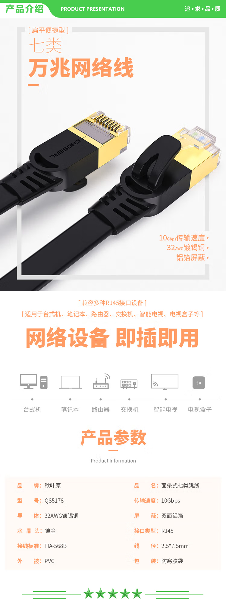 秋叶原 CHOSEAL QS5178A 七类屏蔽网线带镀金水晶头 工程级万兆网络连接线 电脑宽带家用扁平跳线 成品网线 5米 黑色 2.jpg
