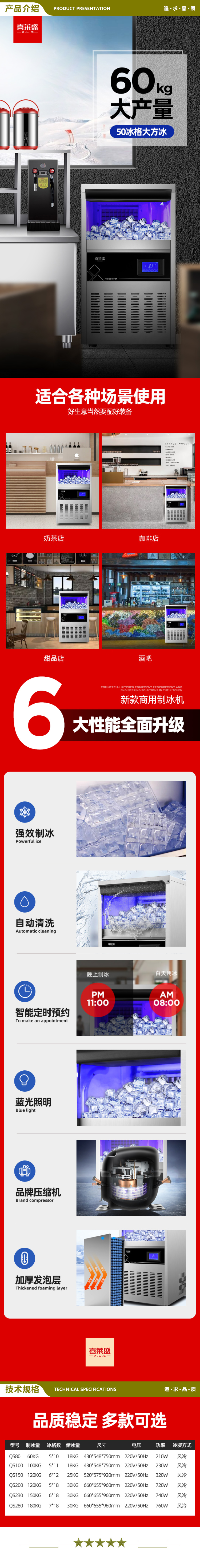 喜莱盛 QS100 制冰机商用大容量 奶茶店设备ktv大型小型冰粒方冰机全自动吧台冰块制冰器  2.jpg