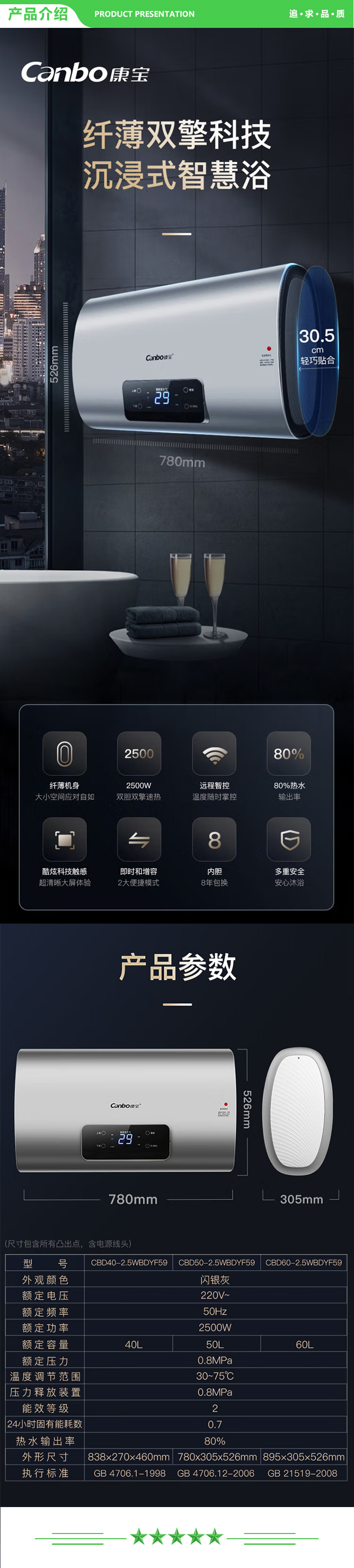 康宝 Canbo CBD60-2.5WBDYF59 60升电热水器 2500W潜加热防电墙 热水器电家用洗澡 .jpg