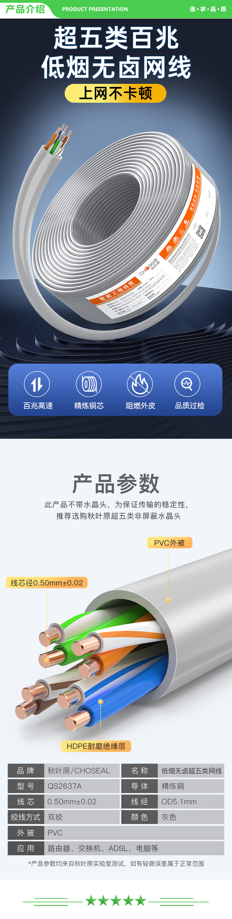 秋叶原 CHOSEAL QS2637 超五类百兆网线 低烟无卤阻燃环保 CAT5e类 0.50纯铜芯工程家装监控布线宽带线 100米 2.jpg