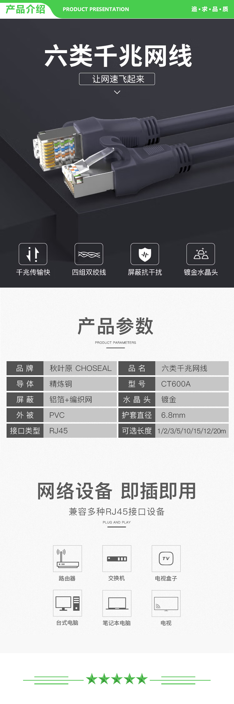秋叶原 CHOSEAL CT600A 六类千兆网线 Cat6六类屏蔽8芯双绞线 工程家用电脑监控跳线成品网线 灰色 20米 2.jpg