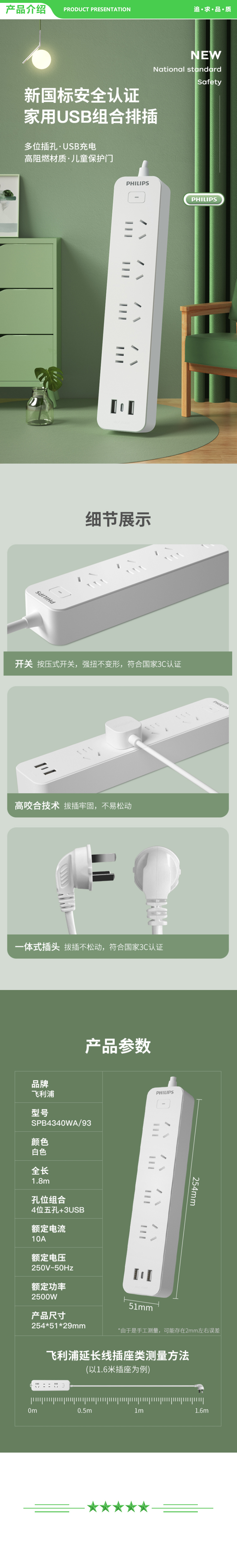 飞利浦 PHILIPS SPB4340WA 93 新国标大功率USB插座 插排 排插 插线板 拖线板 3USB接口多功能插板 总控4位1.8米 .jpg