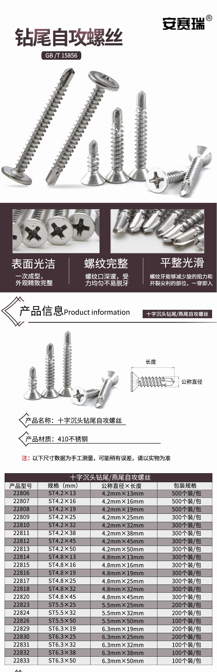 安赛瑞 22815 410不锈钢十字 平头自钻燕尾螺丝钉 ST4.8x16mm 300枚装 2.jpg