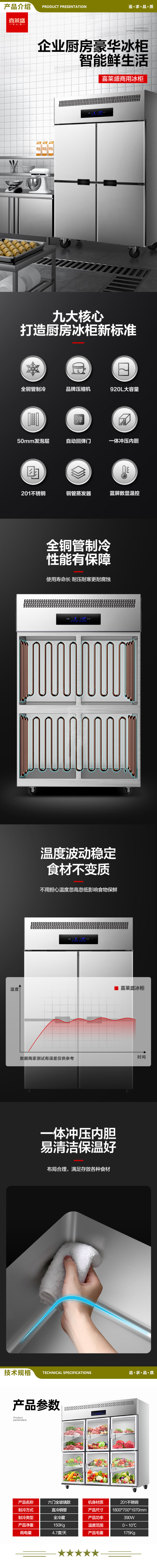 喜莱盛 XLS-6BC 六门冷柜全玻璃门立式冷藏保鲜柜展示柜饭店酒店厨房设备  2.jpg