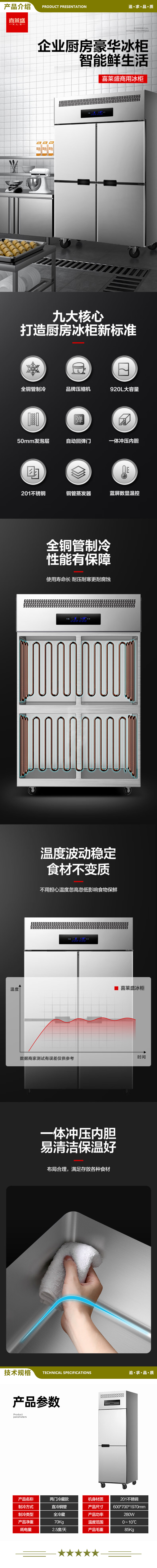 喜莱盛 XLS-2C 商用冰柜四六门厨房冰箱 后厨不锈钢全铜管展示柜冷藏上下开门保鲜柜  2.jpg