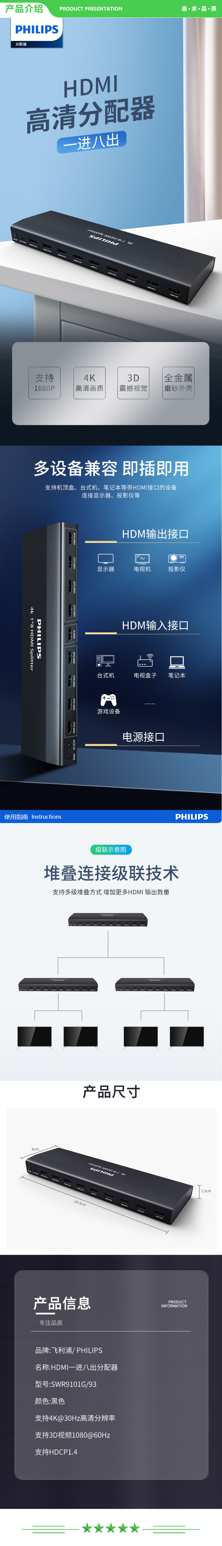 飞利浦 PHILIPS SWR9101G 93 HDMI分配器一分八 一进八出4K高清视频分屏器 .jpg