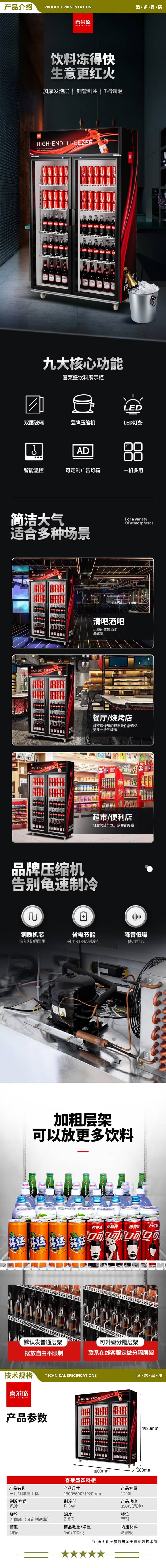 喜莱盛 XLS-B1200F 展示柜冷藏大容量商用陈列冷柜玻璃门 超市便利店冰箱啤酒饮料柜风冷循环制冷  2.jpg