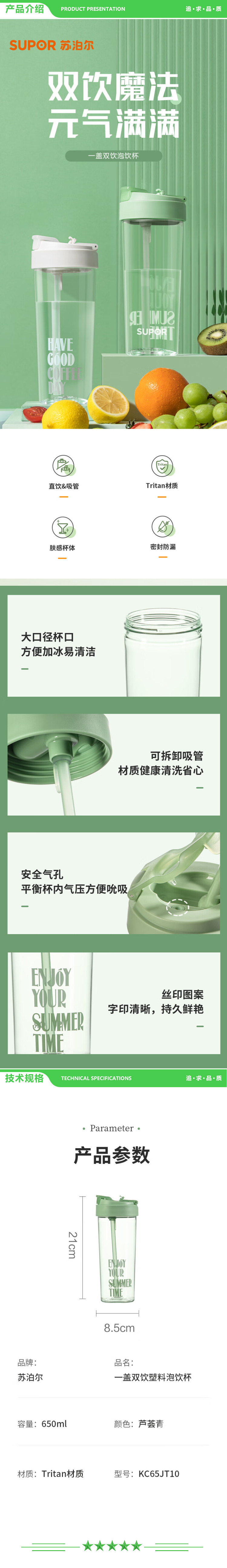 苏泊尔 SUPOR KC65JT10 塑料杯（650ML 青色 一盖双饮塑料泡饮杯） 2.jpg