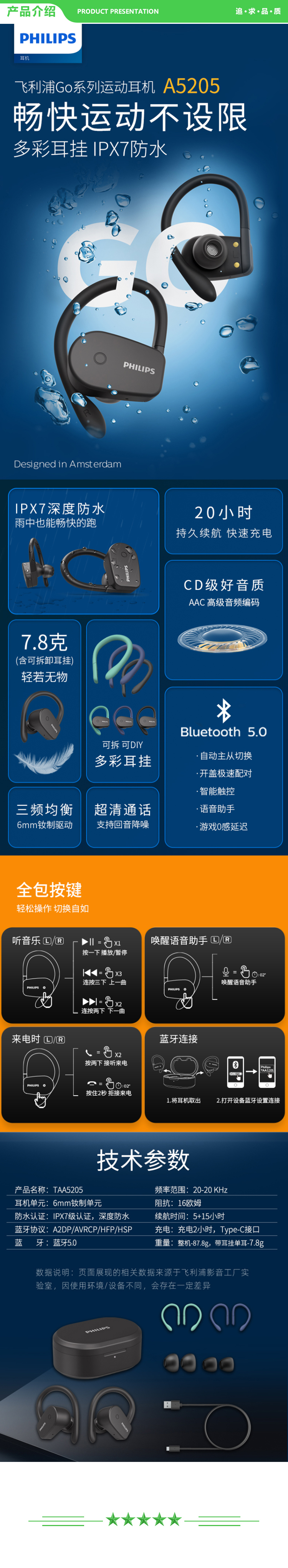飞利浦 PHILIPS TAA5205 真无线蓝牙耳机  运动 7级深度防水狂甩不掉 手机通用 黑 .jpg