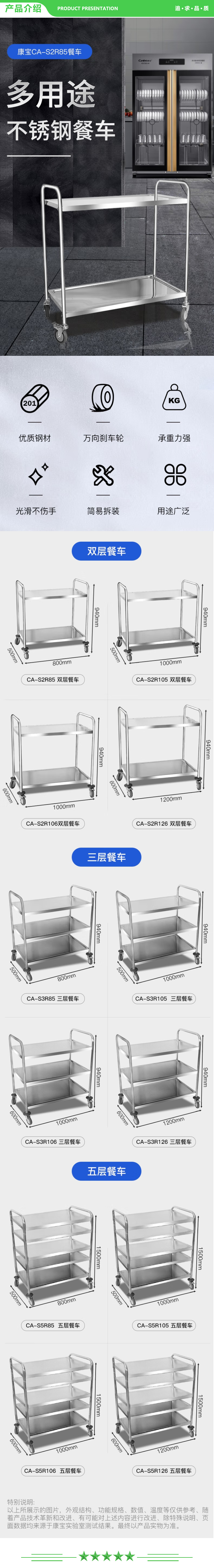 康宝 Canbo CA-S3R85 加厚不锈钢餐车三层 带万向刹车轮 商用后厨食堂餐厅饭店多用途餐车 .jpg