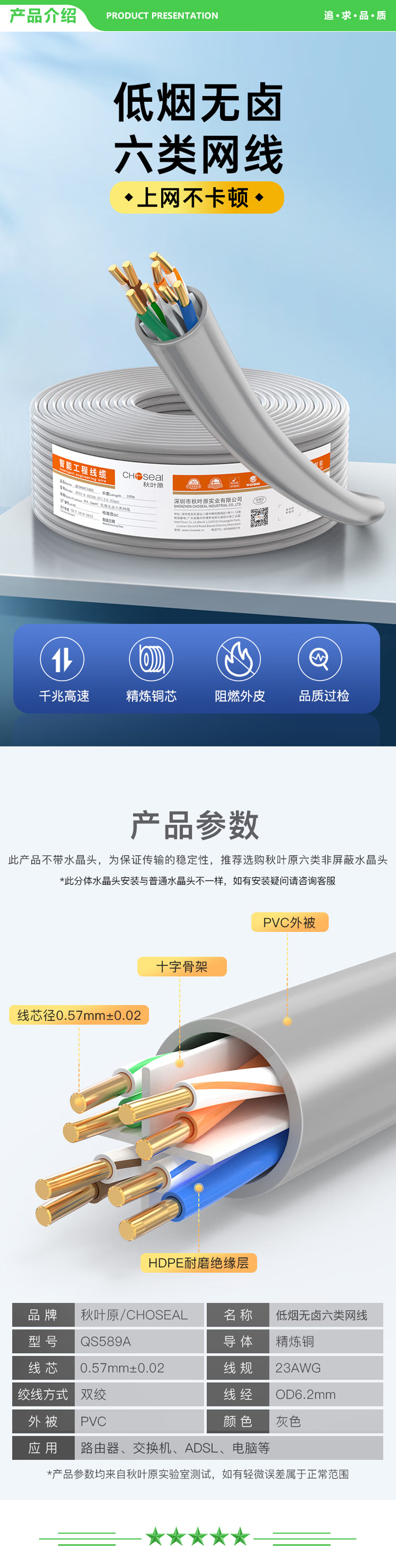 秋叶原 CHOSEAL QS589 六类千兆网线 低烟无卤阻燃环保 CAT6类0.57纯铜芯 非屏蔽工程家装监控布线宽带 100米 2.jpg