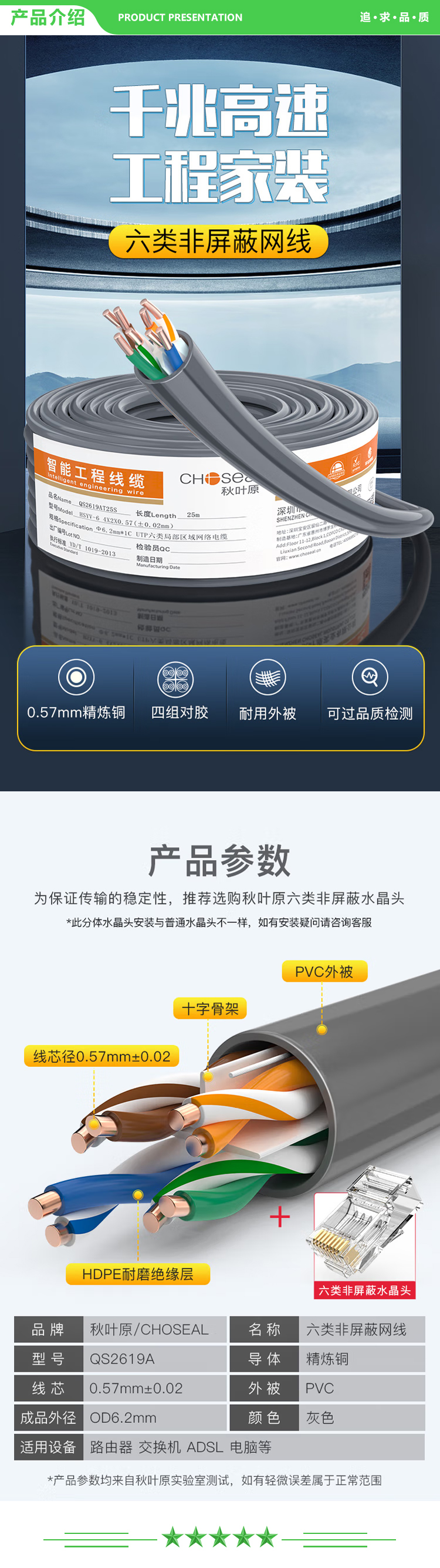 秋叶原 CHOSEAL QS2619AT25S 原装六类网线【0.57±0.02mm】CAT6纯铜线芯 非屏蔽工程家装千兆网线 灰色25米 2.jpg