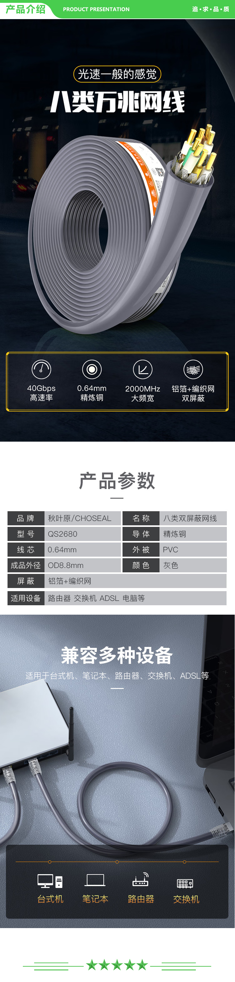 秋叶原 CHOSEAL QS2680AT25 八类双屏蔽工程网线【电竞级0.64mm】Cat8类 纯铜万兆高速家装网络箱线 灰 25米 2.jpg