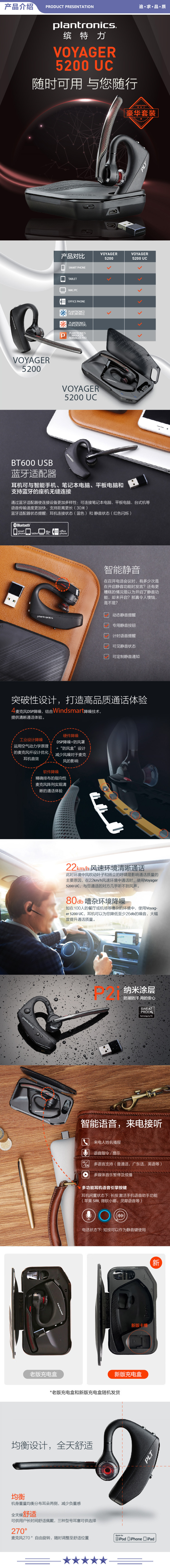 缤特力 PLANTRONICS 5200UC 单耳商务蓝牙耳机 智能语音 来电接听 防潮防汗 降噪耳机 带充电盒+USB适配器 2.jpg