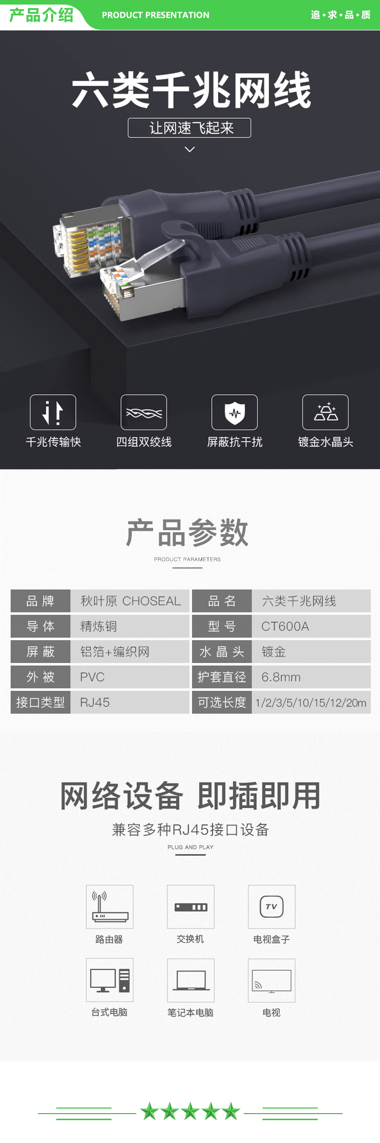 秋叶原 CHOSEAL CT600A 六类千兆网线 Cat6六类屏蔽8芯双绞线 工程家用电脑监控跳线成品网线 灰色 12米 2.jpg