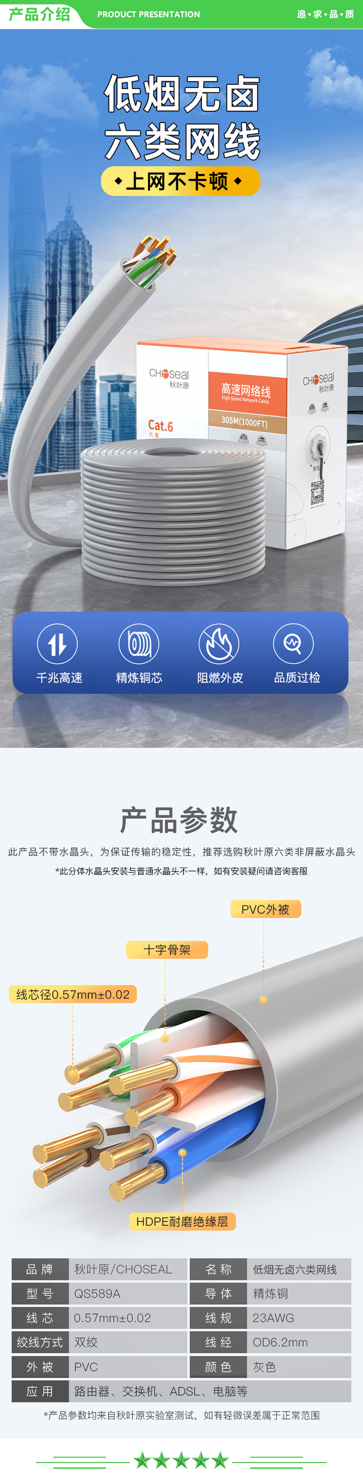 秋叶原 CHOSEAL QS589 六类千兆网线 低烟无卤阻燃环保 CAT6类0.57纯铜芯 非屏蔽工程家装监控布线宽带 305米 2.jpg