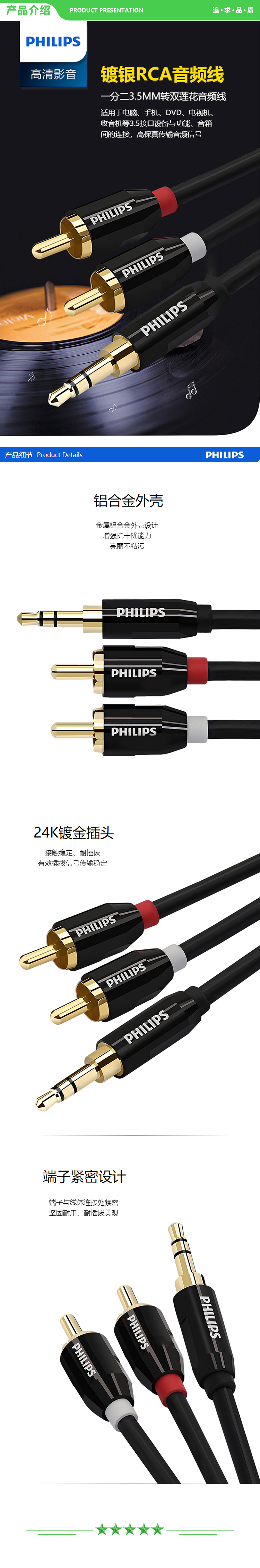 飞利浦 PHILIPS SWR2121A 3.5mm转双莲花 音频线一分二 2RCA公对公连接线 转接线1米 .jpg