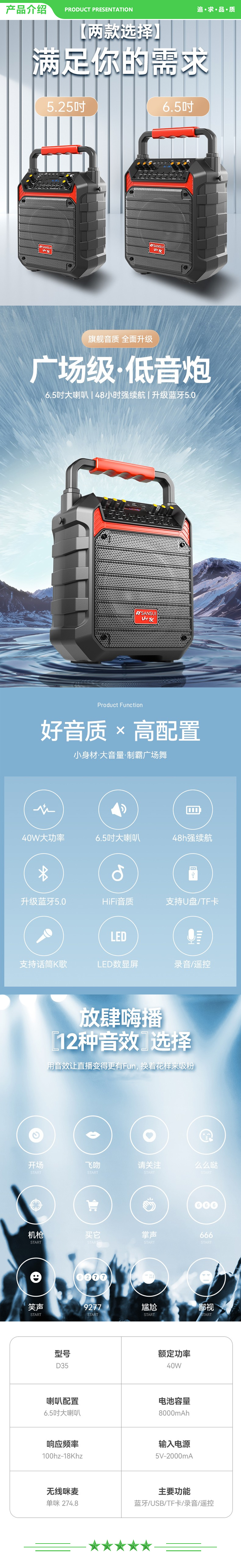 山水 SANSUI D33 蓝牙音响 提便携式重低音带无线话筒 超长续航 【单话筒-5.25吋喇叭】 .jpg