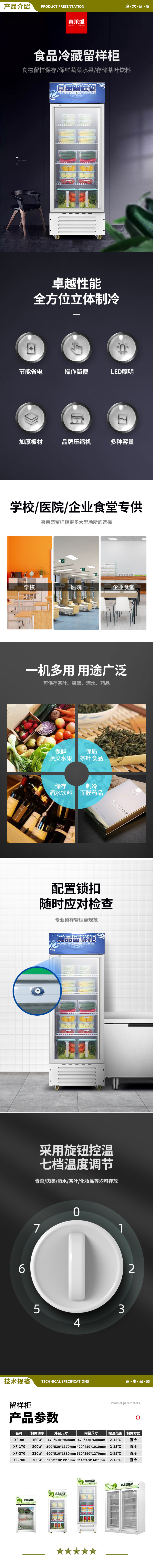 喜莱盛 XF-700H 食品留样柜冷藏展示柜微电脑调温 学校幼儿园公司食堂用水果蔬菜留样保鲜展示柜冷藏升带锁白  2.jpg