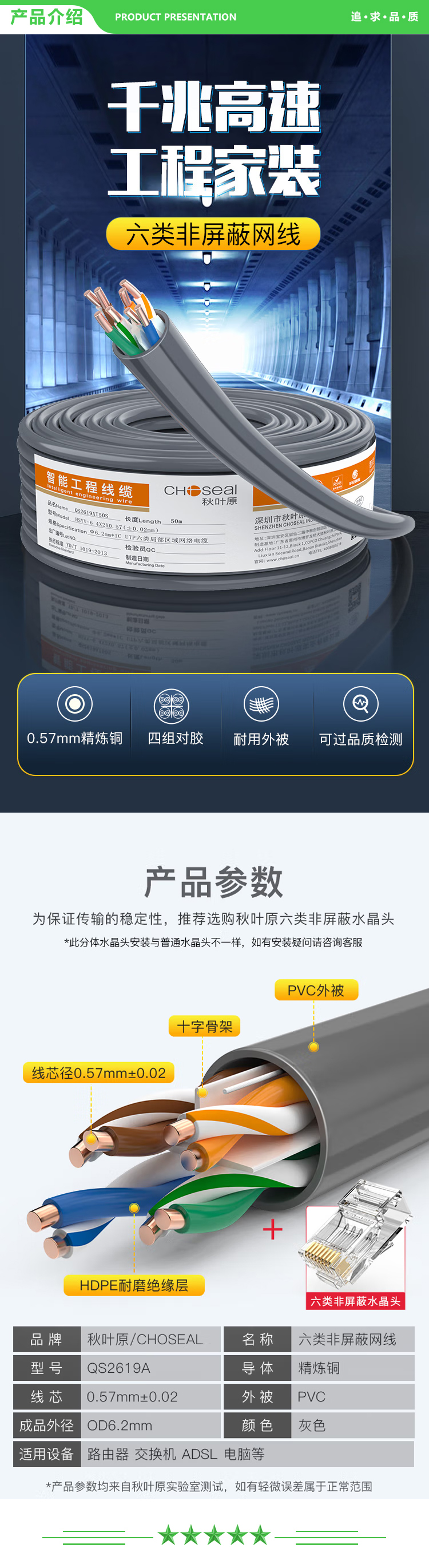 秋叶原 CHOSEAL QS2619AT50S 六类千兆网线【0.57±0.02mm】CAT6类纯铜线芯 非屏蔽工程家装监控布线箱线 50米 2.jpg