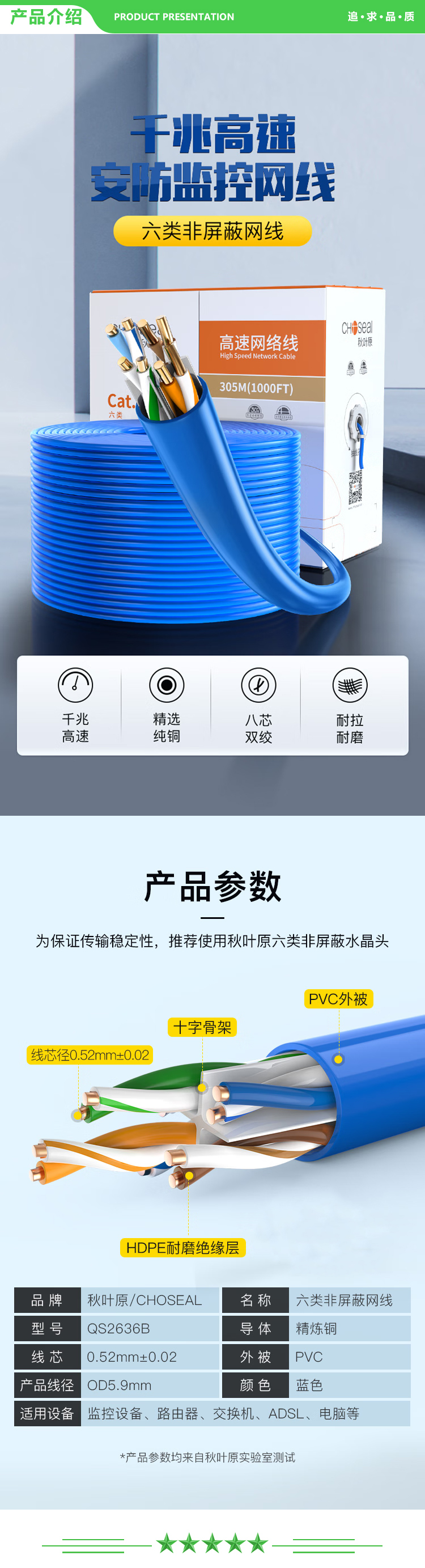 秋叶原 CHOSEAL QS2636BT305 六类千兆网线 CAT6类纯铜线芯 非屏蔽工程家装装修视频安防监控箱线 蓝色 305米 2.jpg