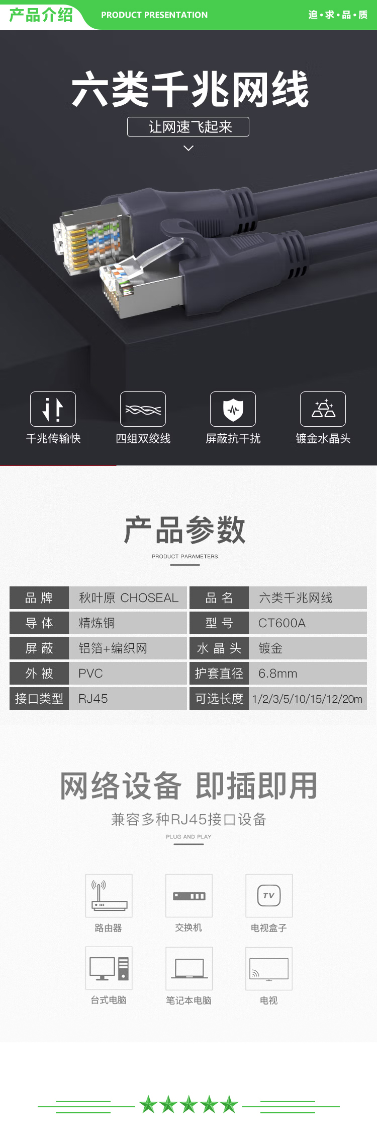 秋叶原 CHOSEAL CT600A 六类千兆网线 Cat6六类屏蔽8芯双绞线 工程家用电脑监控跳线成品网线 灰色 15米 2.jpg