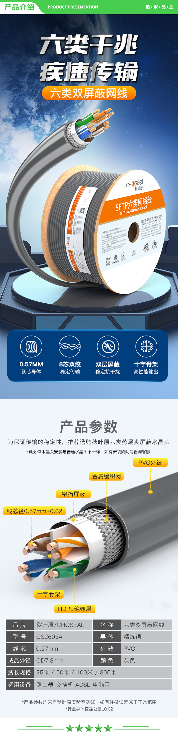 秋叶原 CHOSEAL QS2605AT305 六类双屏蔽网线【商用版】CAT6类千兆抗干扰铜线工程家装箱线灰色305米 2.jpg