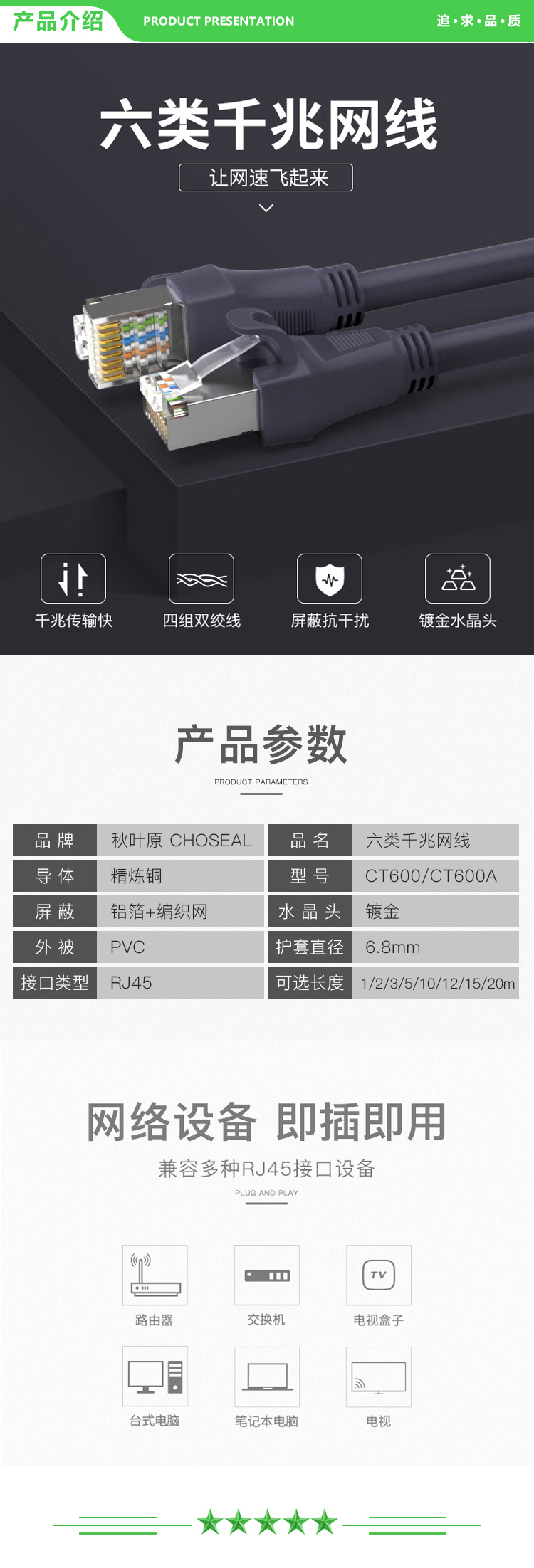秋叶原 CHOSEAL CT600A 六类千兆网线 Cat6六类屏蔽8芯双绞线 工程家用电脑宽带监控跳线成品网线 灰色 2米 2.jpg