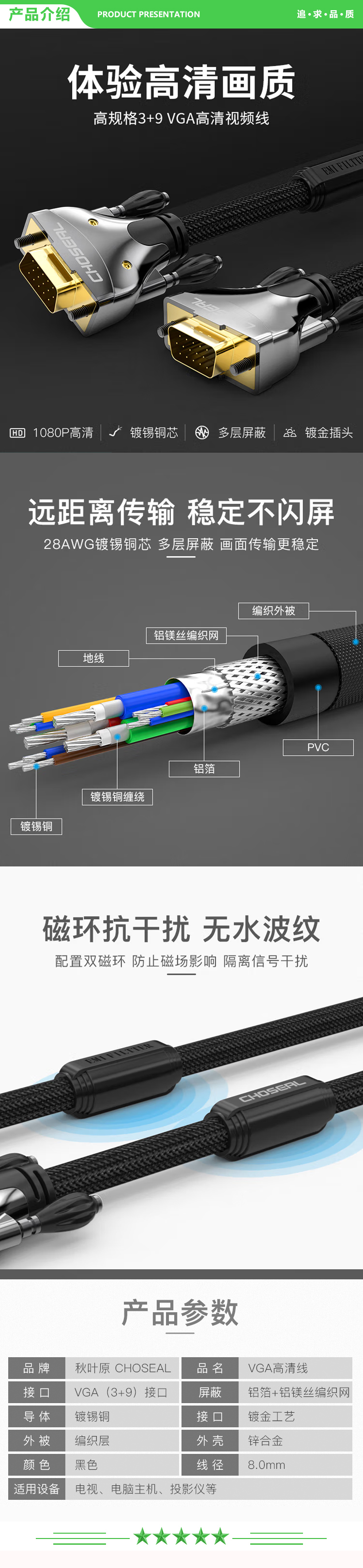 秋叶原 CHOSEAL QS5107T1 VGA(3+9) 工程高清VGA线 电脑电视连接线 投影仪视频数据信号线 1米 2.jpg