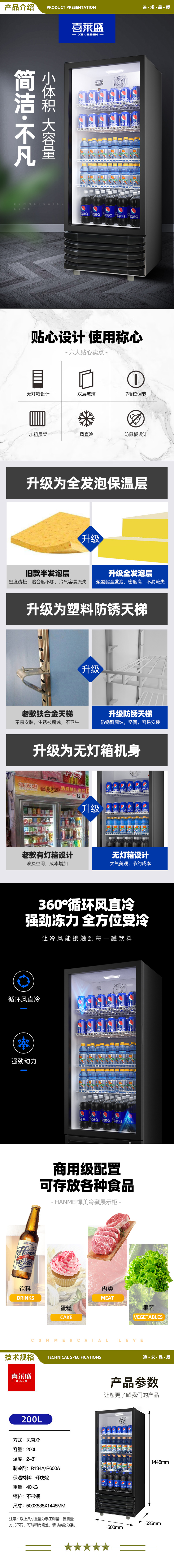 喜莱盛 XLS-LC230N 商用展示柜冷藏饮料柜 超市便利店冰箱水果啤酒饮料保鲜展示柜  2.jpg