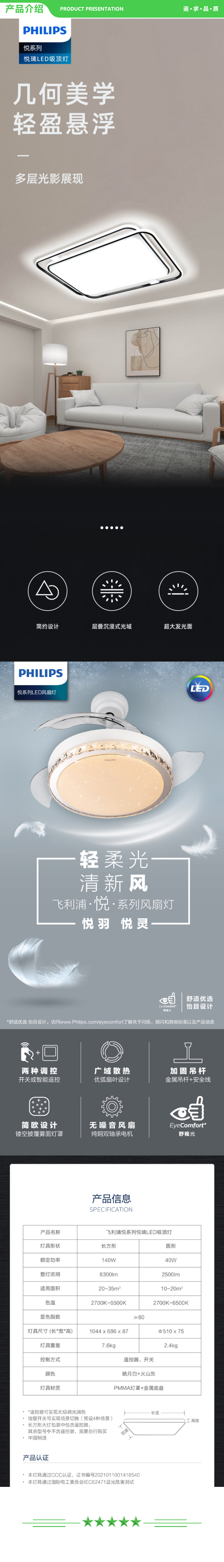 飞利浦 PHILIPS 9290031916 客厅灯LED吸顶灯 创意简约 灯饰灯具 悦璃【四室两厅】套餐 客厅+卧室4+风扇灯 .jpg