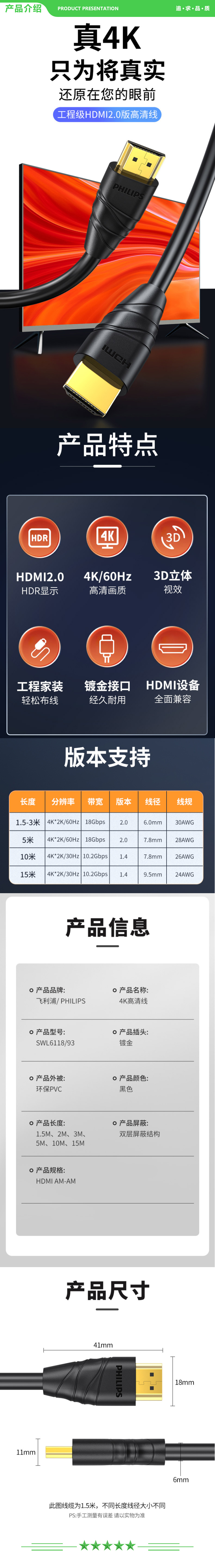 飞利浦 PHILIPS SWL6118F 93 HDMI线2.0版4K高清线 工程级 数据连接线5米 .jpg