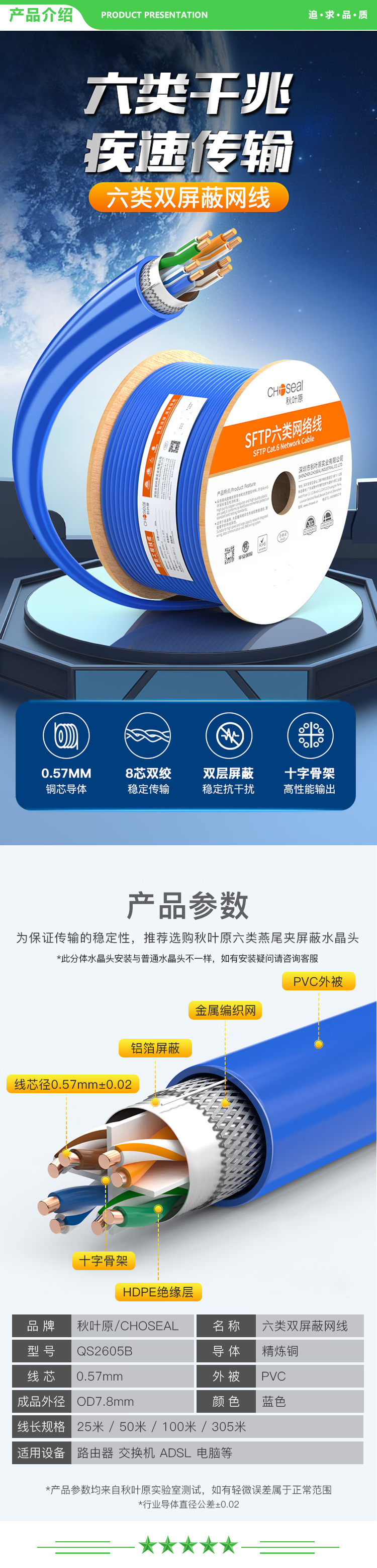 秋叶原 CHOSEAL QS2605BT305 六类双屏蔽网线【商用版】抗干扰千兆铜线箱线 蓝色305米 2.jpg