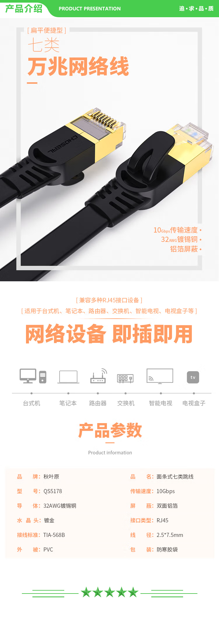 秋叶原 CHOSEAL QS5178A 七类屏蔽网线带镀金水晶头 工程级万兆网络连接线 电脑宽带家用扁平跳线 成品网线 2米 黑色 2.jpg