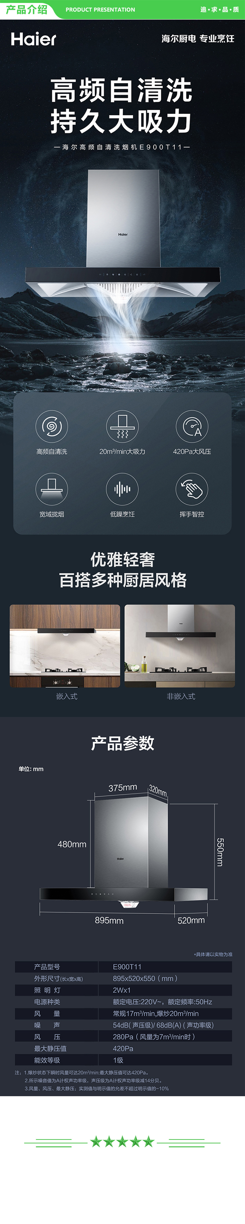 海尔 Haier CXW-219-E900T11  抽油烟机 欧式吸油烟机 20立方大吸力 420pa 自旋洗挥手智控家用顶吸排烟机抽烟机 .jpg