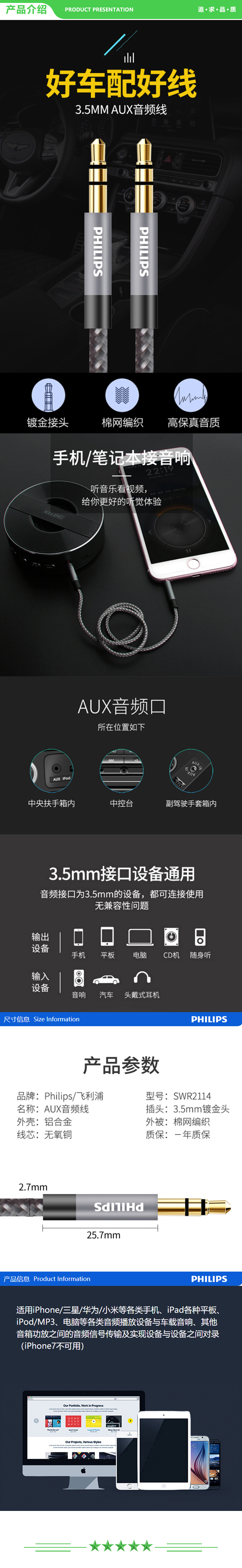 飞利浦 PHILIPS SWR2114 AUX音频线 3.5mm公对公车载连接线 转换对录线 2米 .jpg