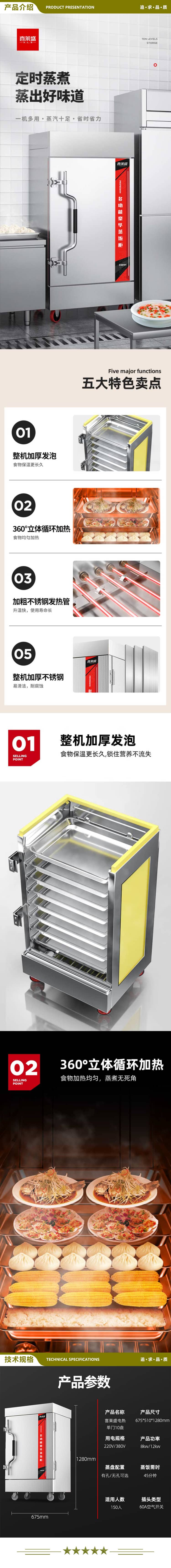 喜莱盛 XLS-KZF10 蒸饭柜10盘全自动商用蒸饭车 酒店餐饮设备蒸饭箱蒸包炉馒头炉食堂蒸饭机220V 380V电压可选  2.jpg