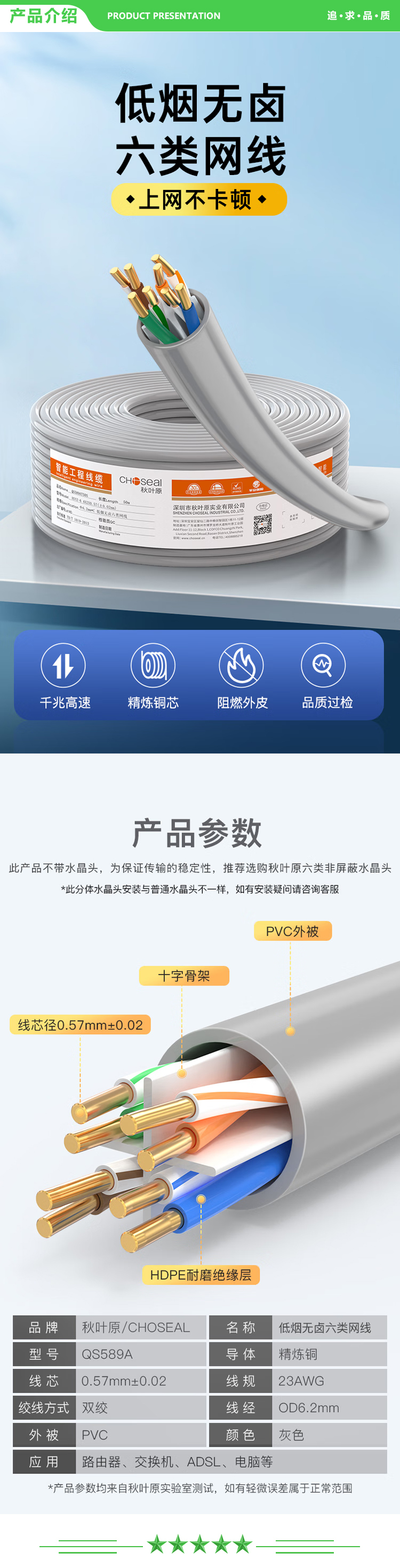 秋叶原 CHOSEAL QS589 六类千兆网线 低烟无卤阻燃环保 CAT6类 0.57纯铜芯 非屏蔽工程家装监控布线宽带 50米 2.jpg
